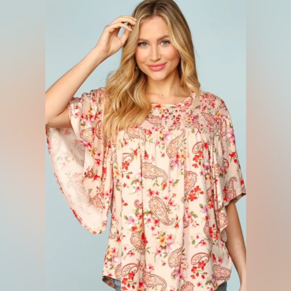 Floral Paisley Smocked Neck Short Sleeve Top - Blush/Coral